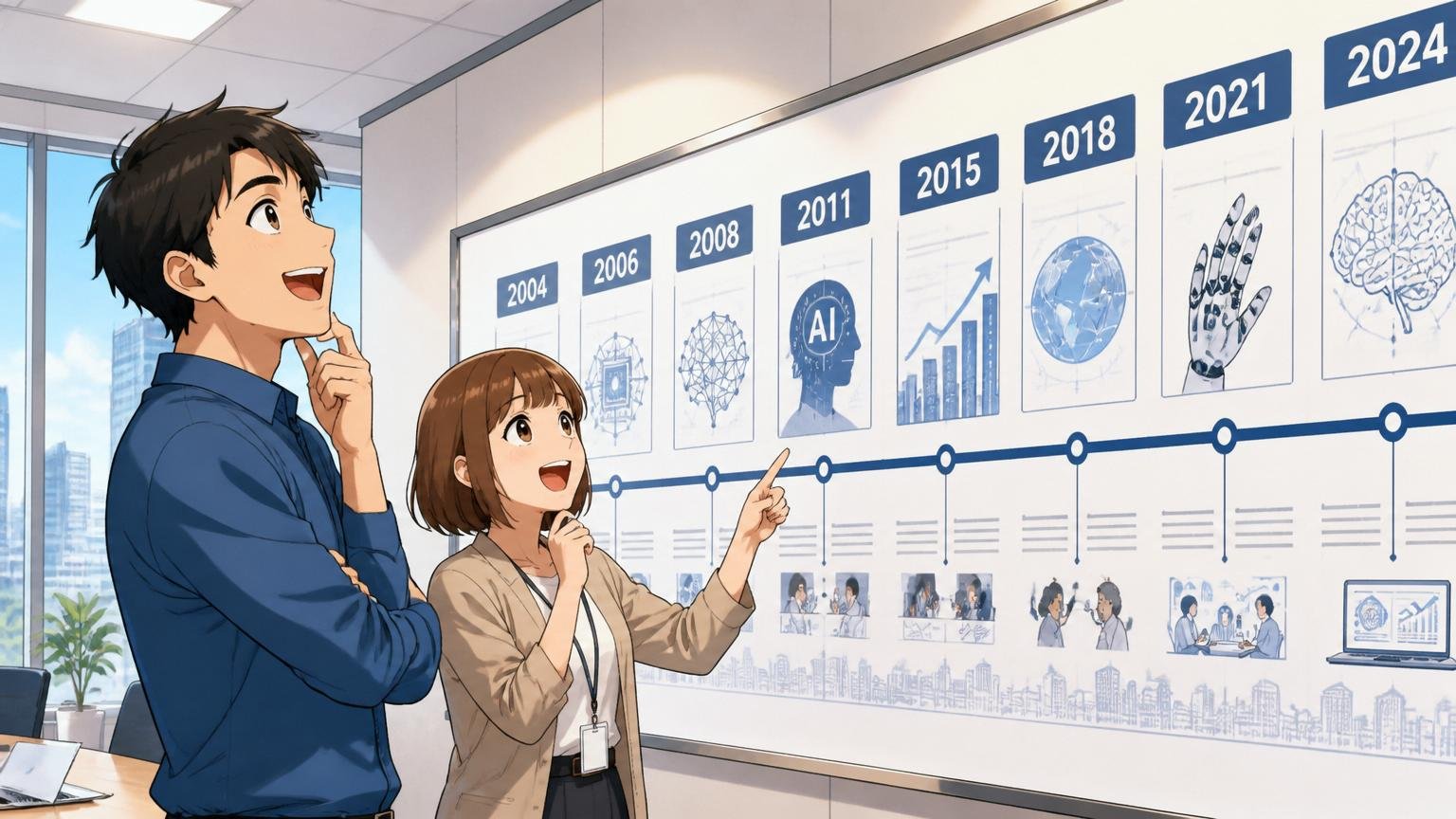 20年続く先端AI企業、IT企業の会議室で社員2人が会社の年表を見上げて感心している明るい表情