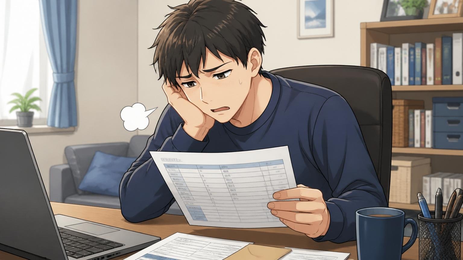給与明細を見て浮かない表情の場面。自宅のデスクで在宅勤務中の20代男性が給与明細を見てため息をついている