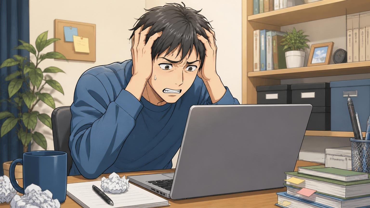 放置されたという受講生の声。自宅のデスクで一人パソコンに向かい、頭を抱えて困り顔を浮かべる30代男性1人