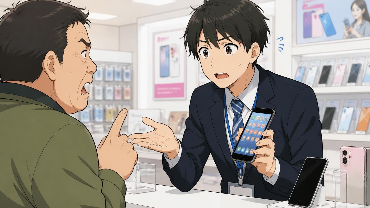 携帯ショップの店頭で若手のIT志望社員が接客しながら内心とまどった表情を浮かべている様子