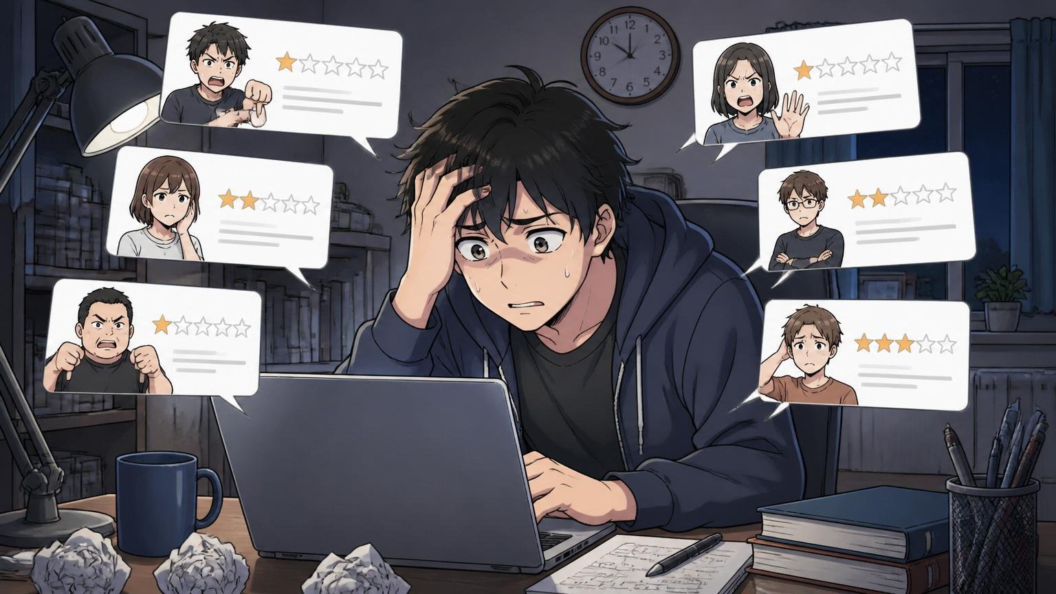ネットの評判に振り回され不安になる。自宅のデスクで深夜に口コミを見比べる20代男性エンジニア
