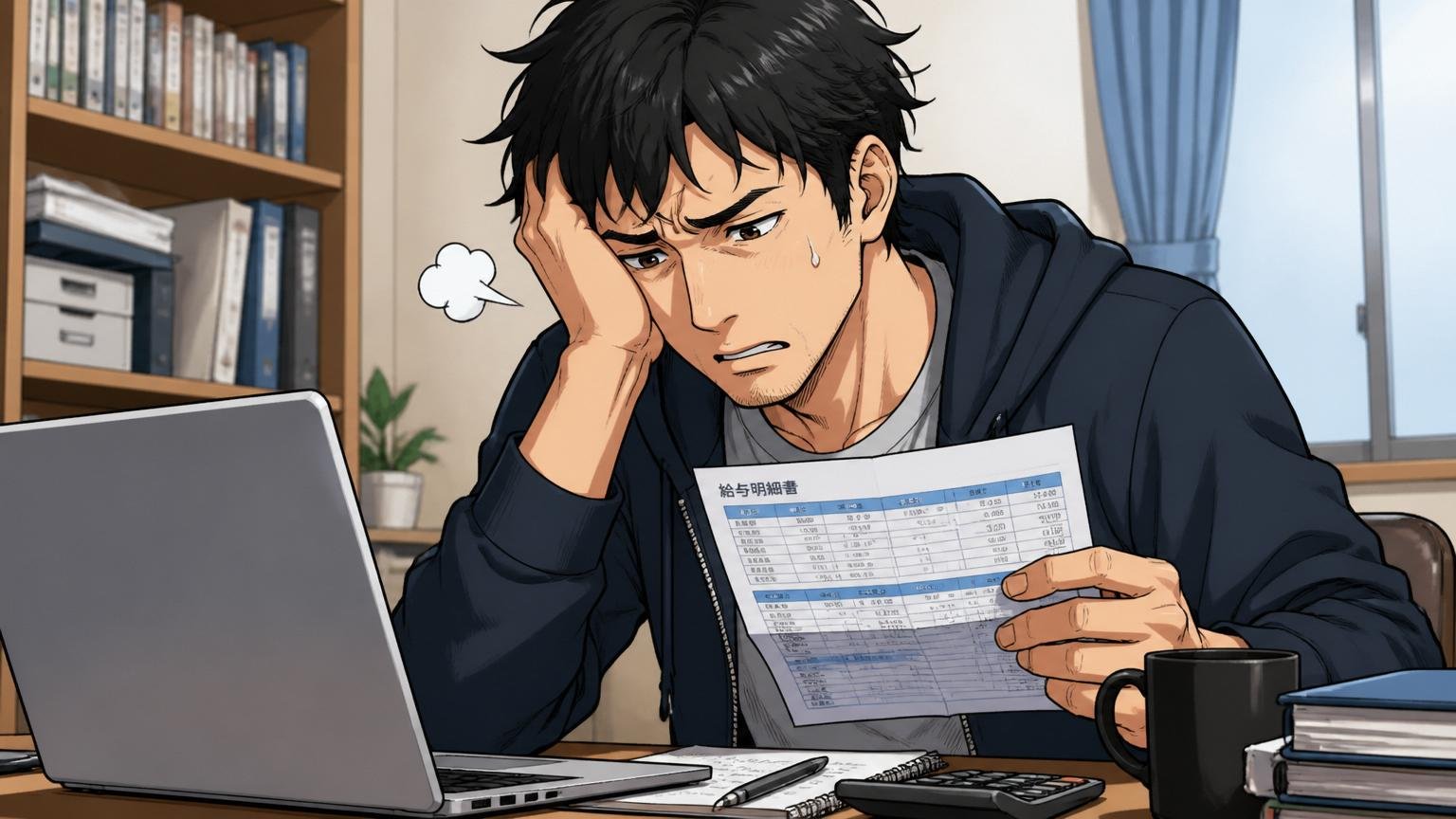 自宅のデスクでノートパソコンと給与明細を見比べながら、ため息をついて表情が曇る30代男性のSESエンジニア1人