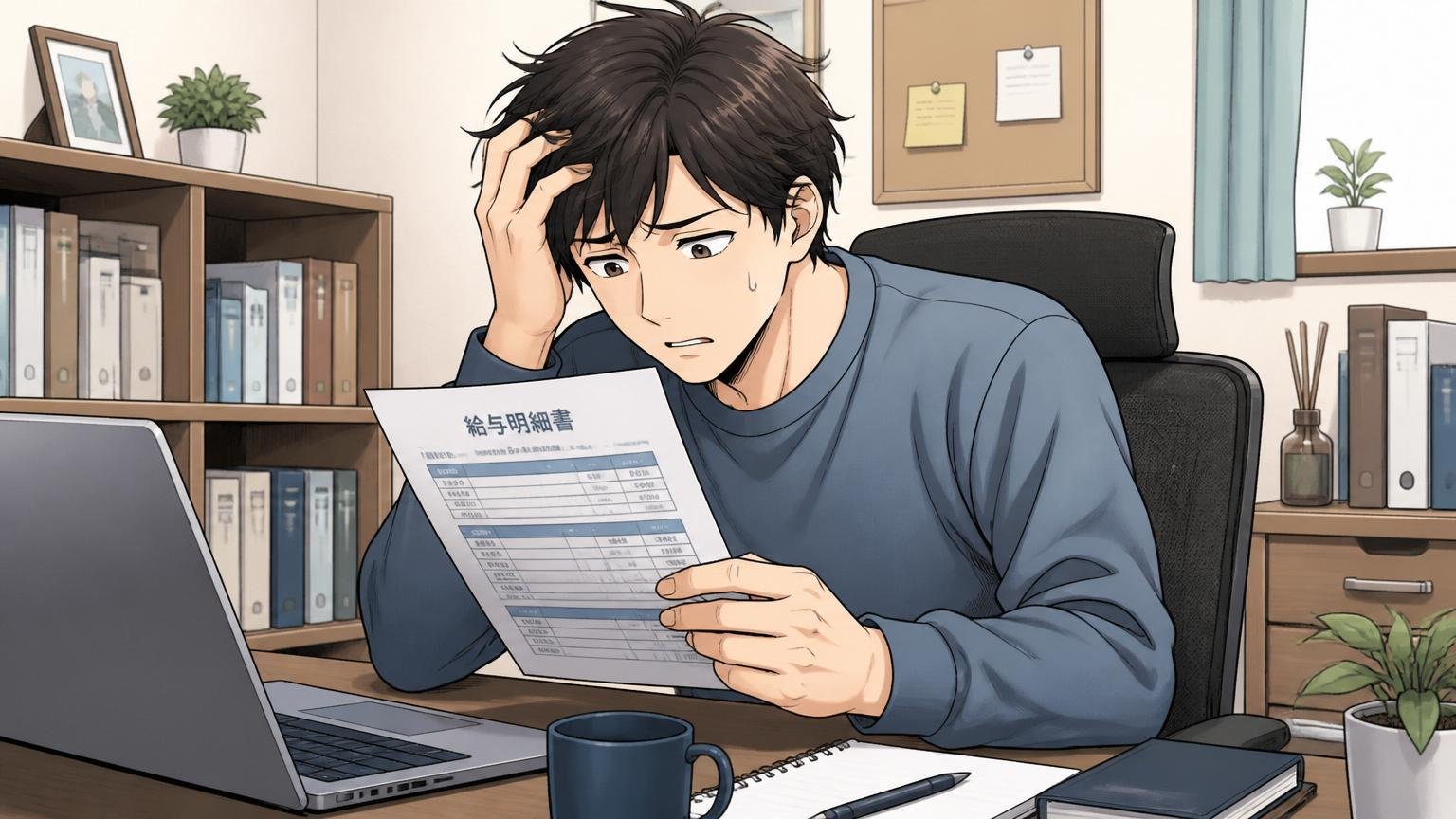 給料は本当に安いのか給与明細を見て考え込む、自宅のデスクで在宅勤務中の20代男性が不安げな表情