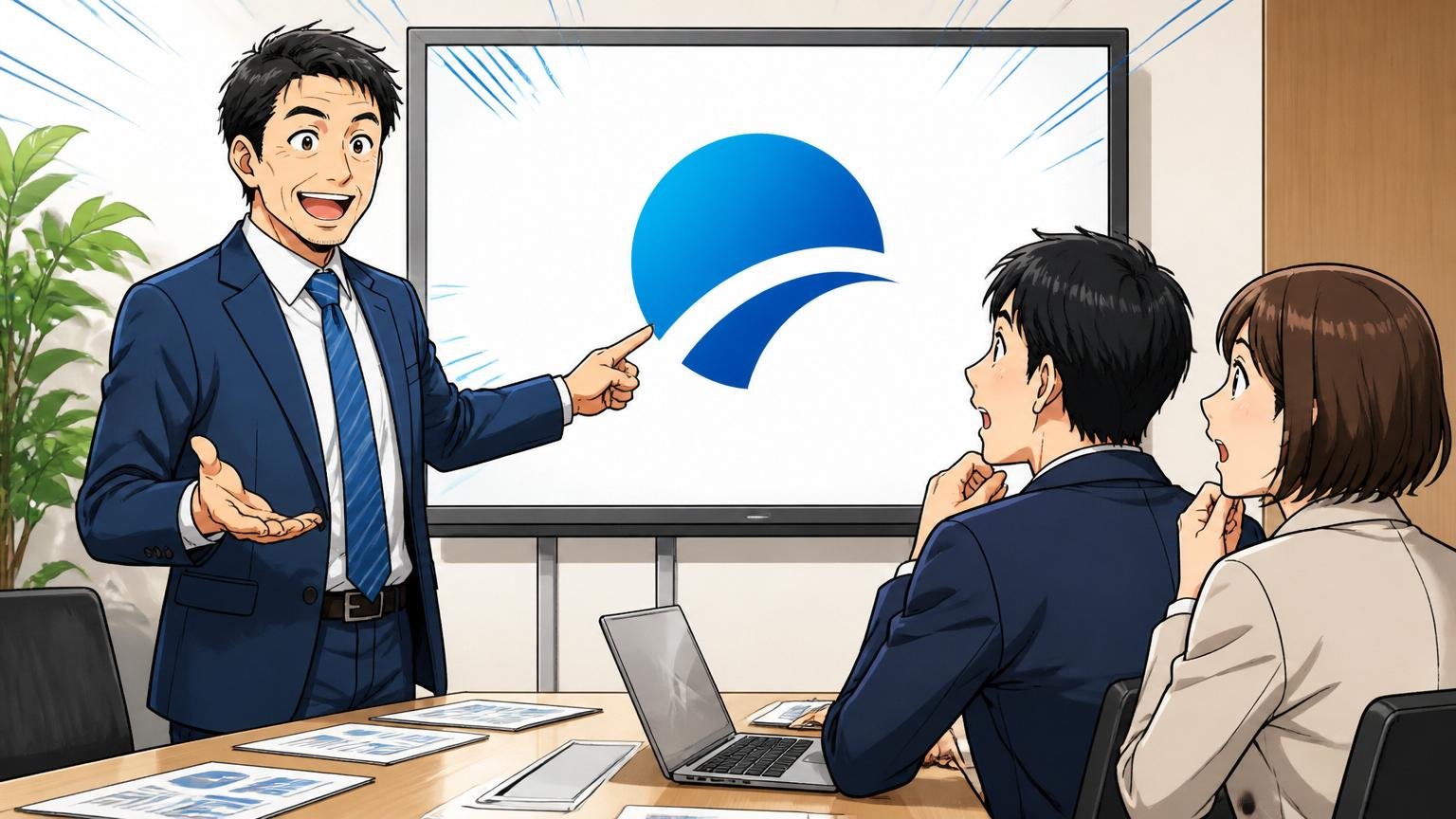 社名変更は隠蔽ではない。企業の会議室で新しい社名ロゴの資料を指し示し説明する40代男性社員1人と聞く社員2人