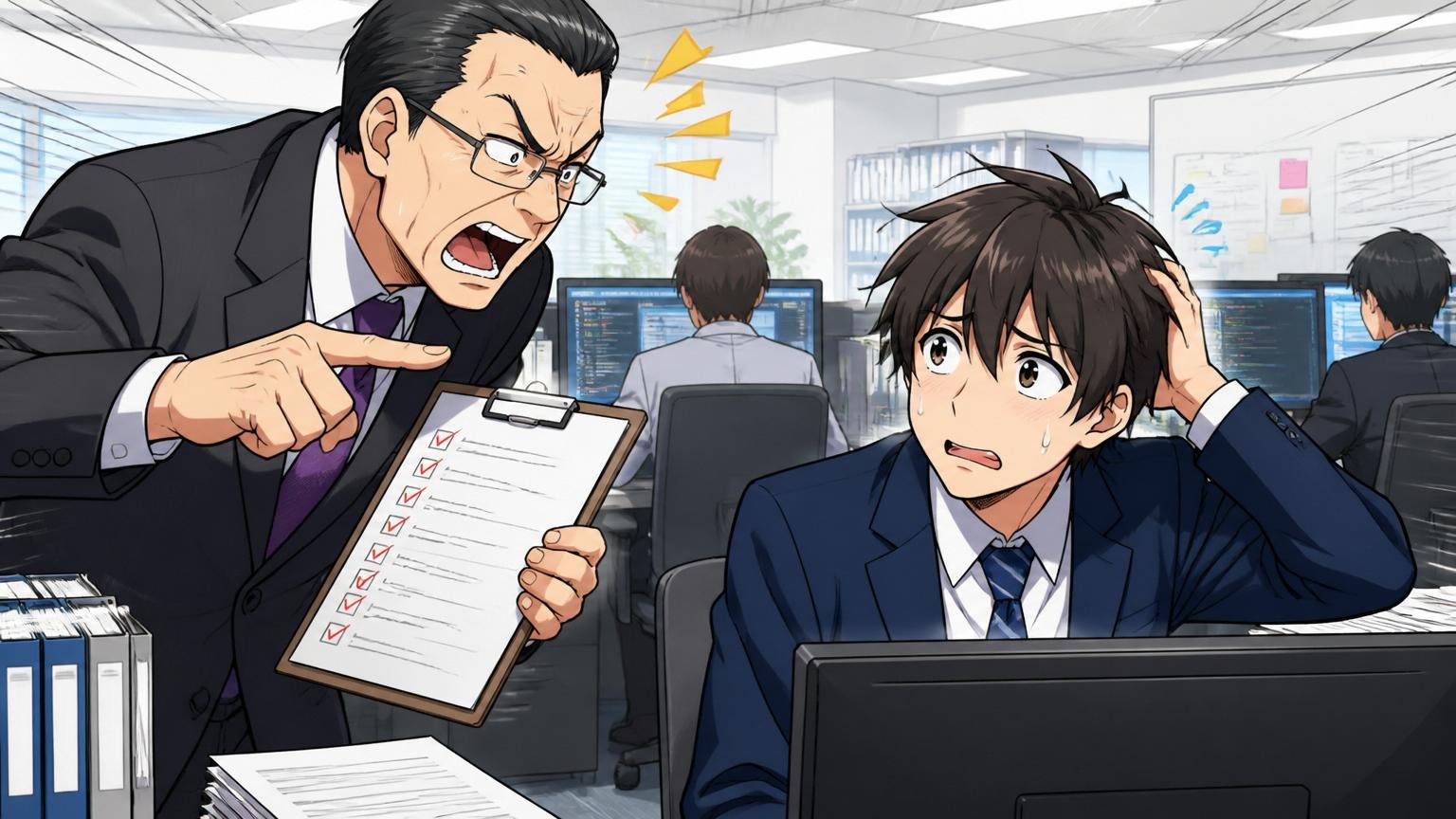 行動管理が細かい職場。IT企業のオフィスで上司に細かく指示され困惑する若手社員1人