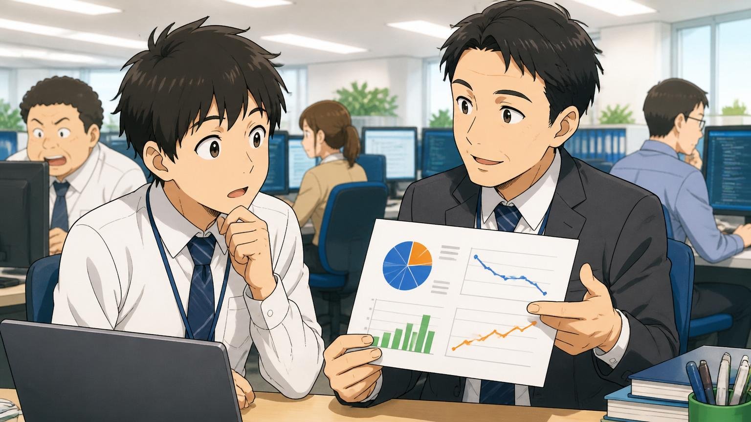 離職率と勤続年数の意味。SIerの執務室で先輩社員が若手に落ち着いた表情で資料を見せて説明する