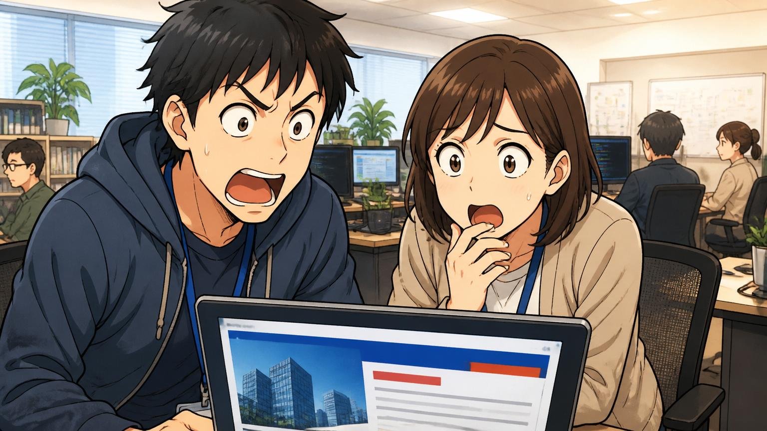 IT企業のオフィスで社名変更のニュースを見て驚く男女エンジニア2人