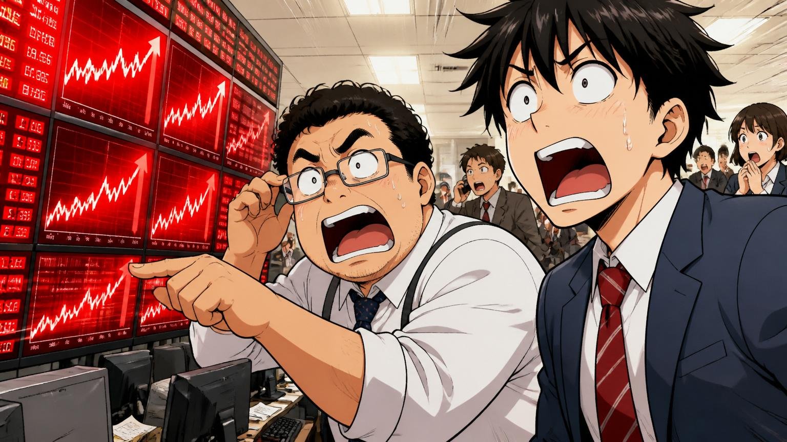 株価の値動きがやばい 証券会社のディーリングルームで2人がストップ高の株価ボードを見て驚く表情