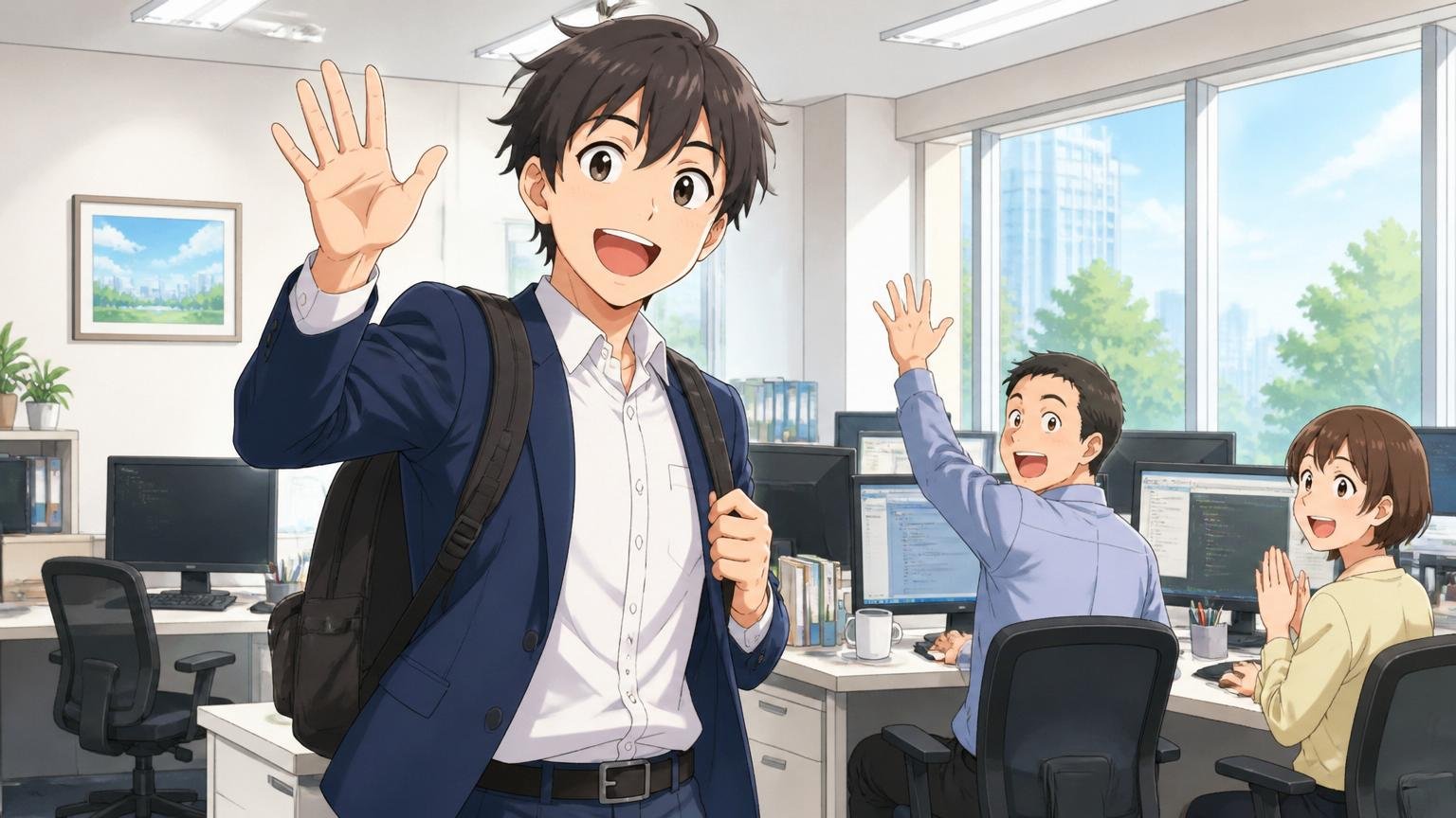 残業や休暇は実際どうか。SIerの明るいオフィスで男性エンジニアが定時に席を立ち、同僚に手を振りながら笑顔で退社する
