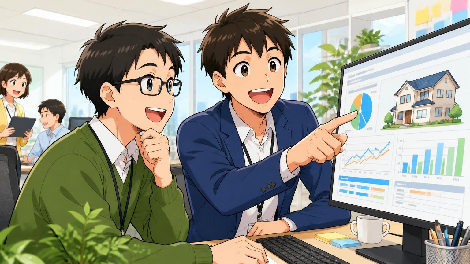 住宅ローンテックをやさしく解説、IT企業の明るいオフィスで男性社員2人がモニター画面を指さして笑顔で話し合う
