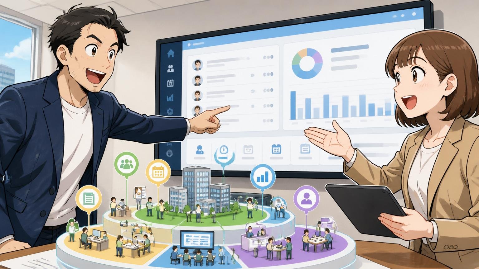 jinjerの事業内容と規模。IT企業の会議室で社員2人が人事システムの画面を指して説明する