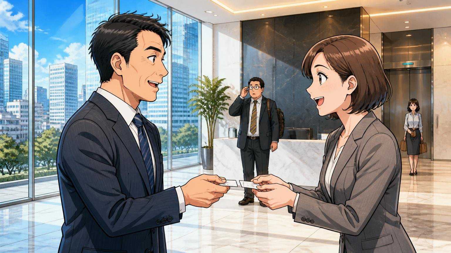 会社概要KDDI完全子会社のクラウドインテグレーター｜渋谷の高層オフィスビル受付前で名刺交換するスーツの中堅男女2名