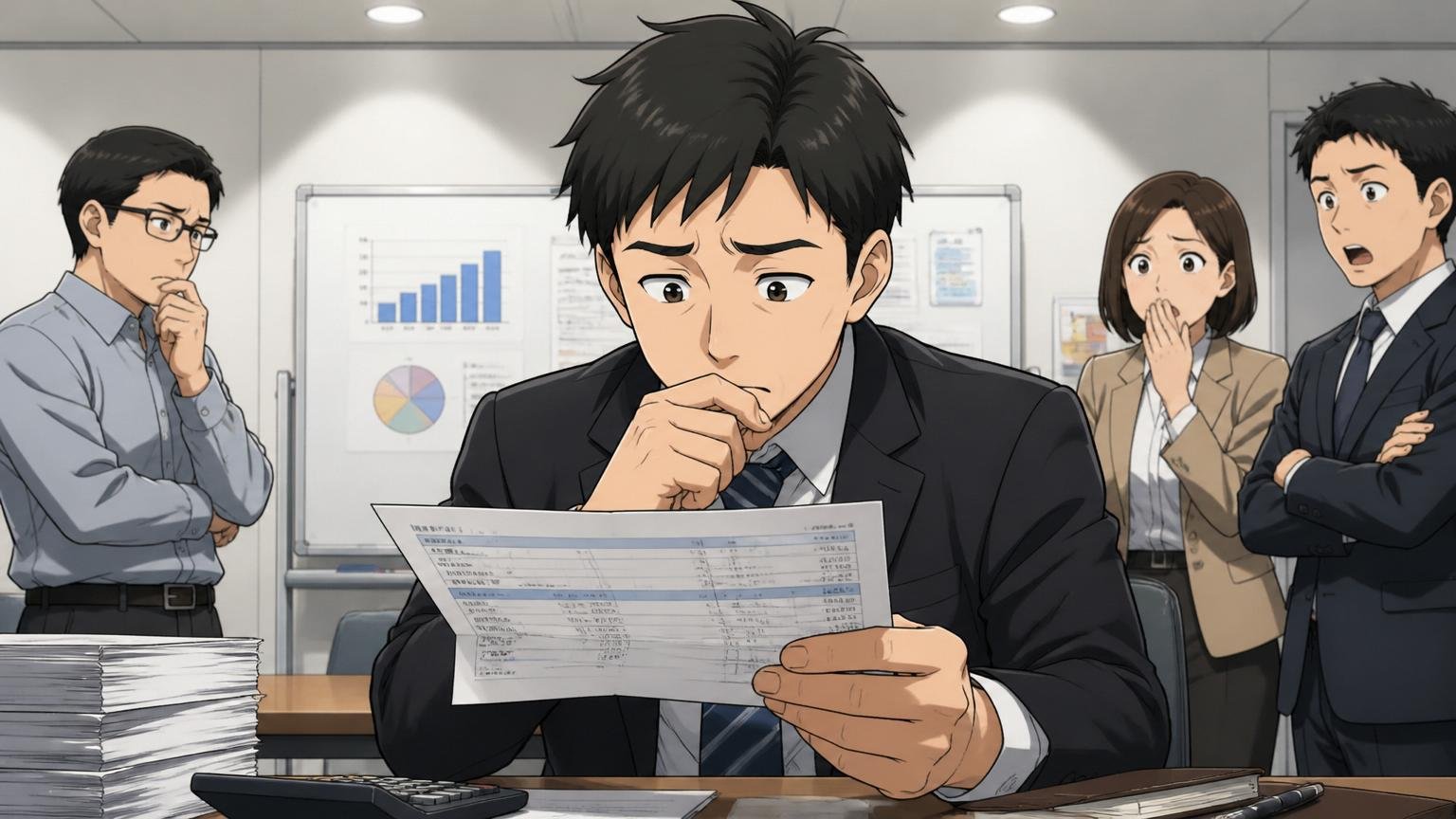 SHINKOの年収と残業のリアルな数字、企業の会議室で30代男性が給与明細を見ながら考え込む表情