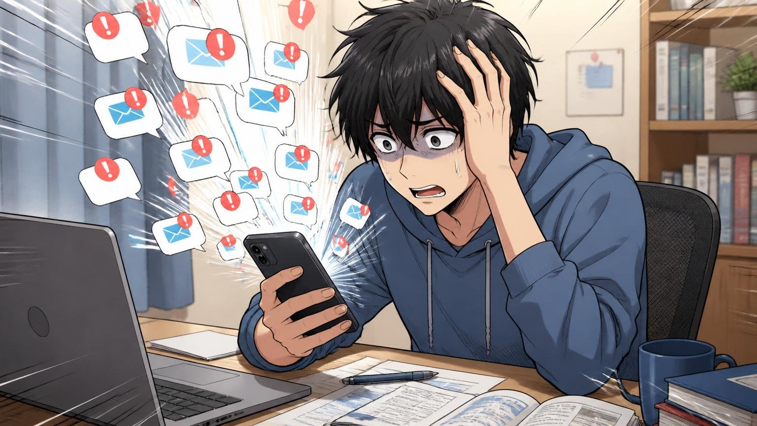 スマホに大量の通知が届き困惑する、自宅のデスクで転職活動中の20代男性のうんざりした表情