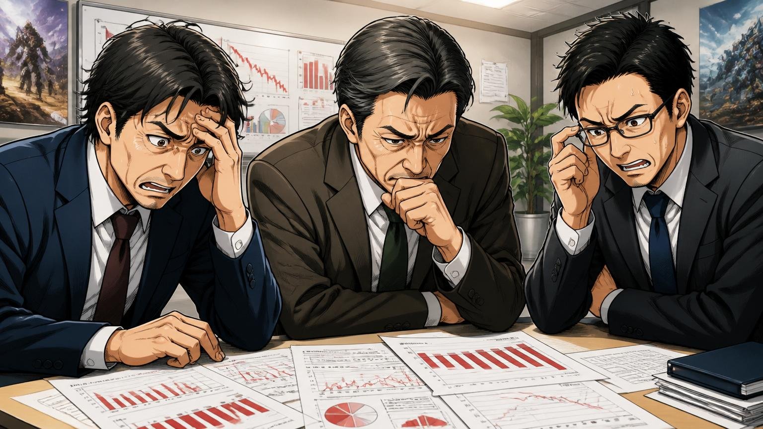 根拠①継続赤字。中堅ゲーム会社の会議室で決算資料を真剣に見つめる経営陣風の男性3人