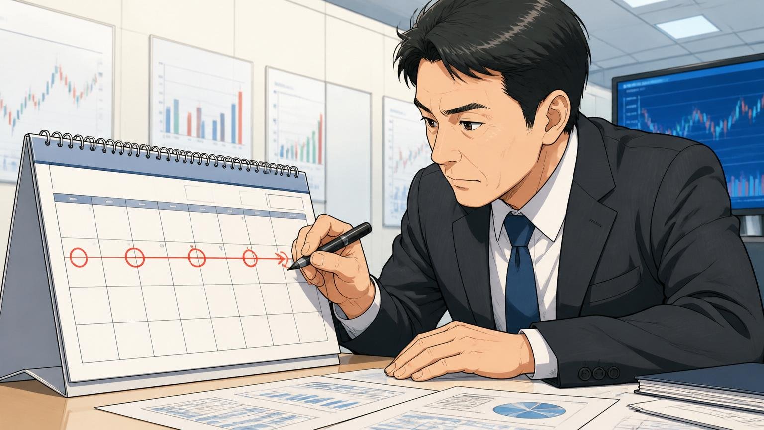 TOB成立から上場廃止までの時系列|証券会社の会議室でカレンダーに日付を書き込む40代男性1人、慎重な表情