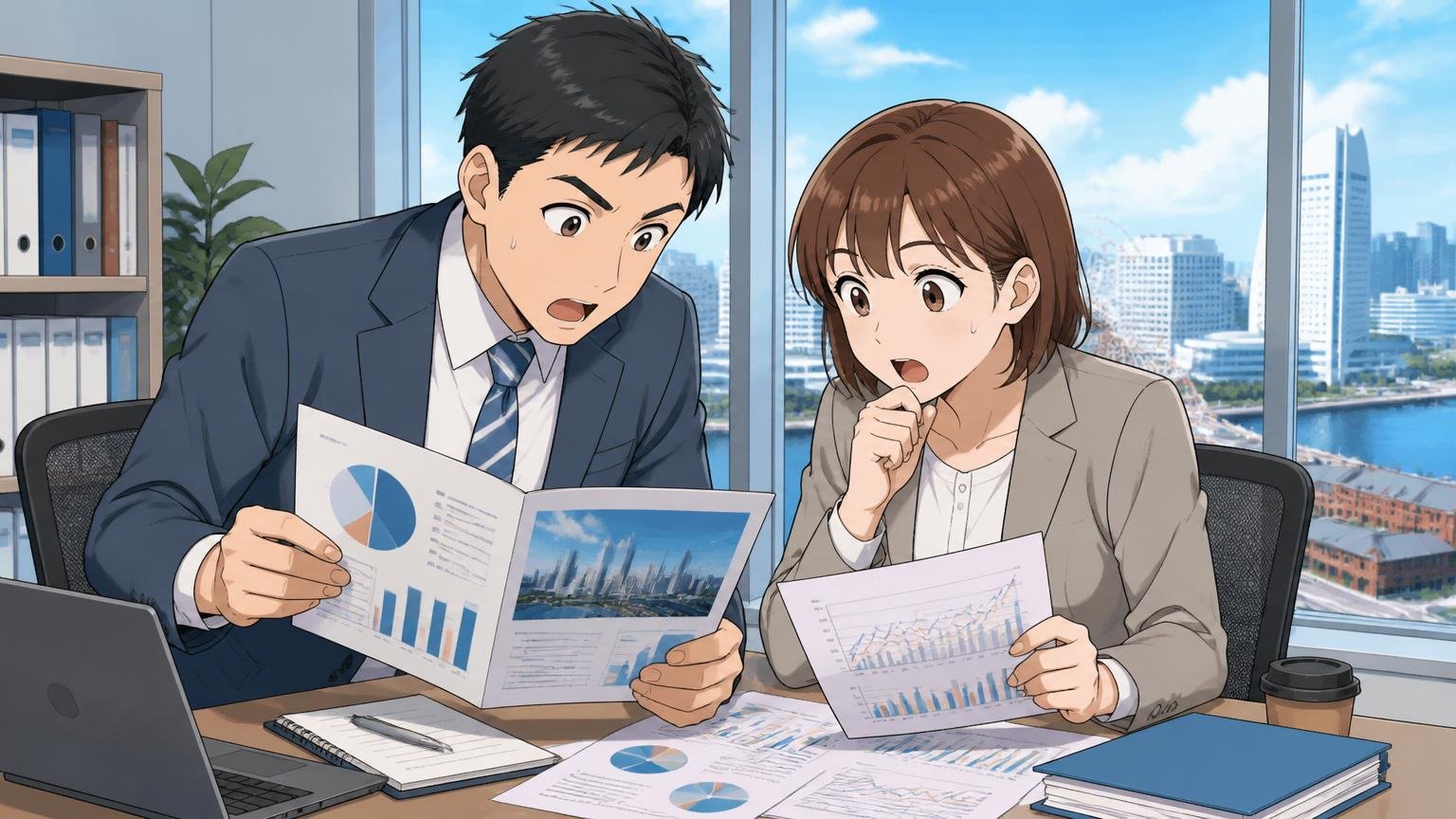 横浜本社のIR資料を読み込む経営企画担当者2人