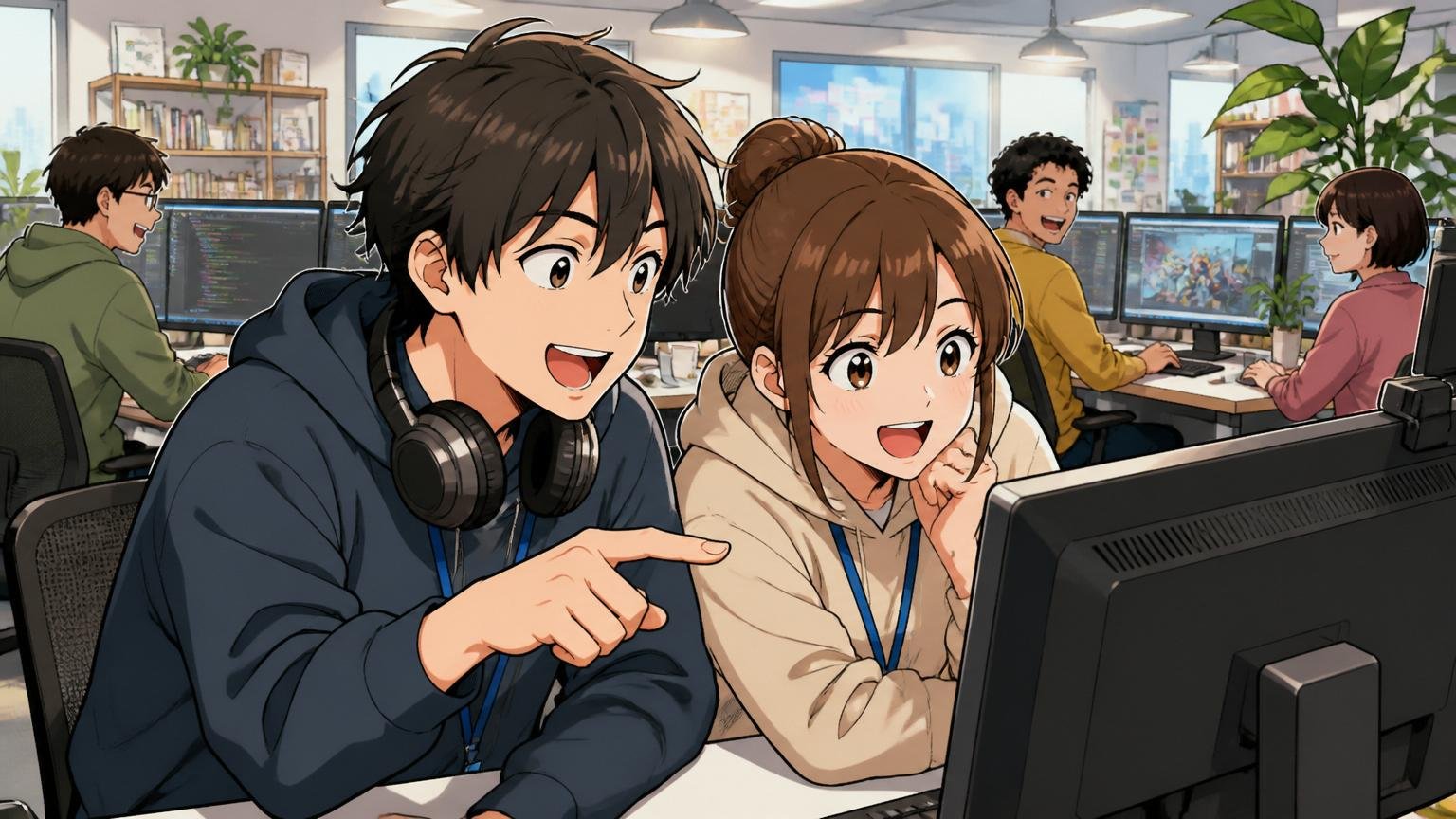 アニメIPとHTML5のブラウザで遊べるプラットフォームG123、Web系スタートアップのオフィスでパソコン画面を覗き込む20代男女のエンジニア2人、楽しそうな表情