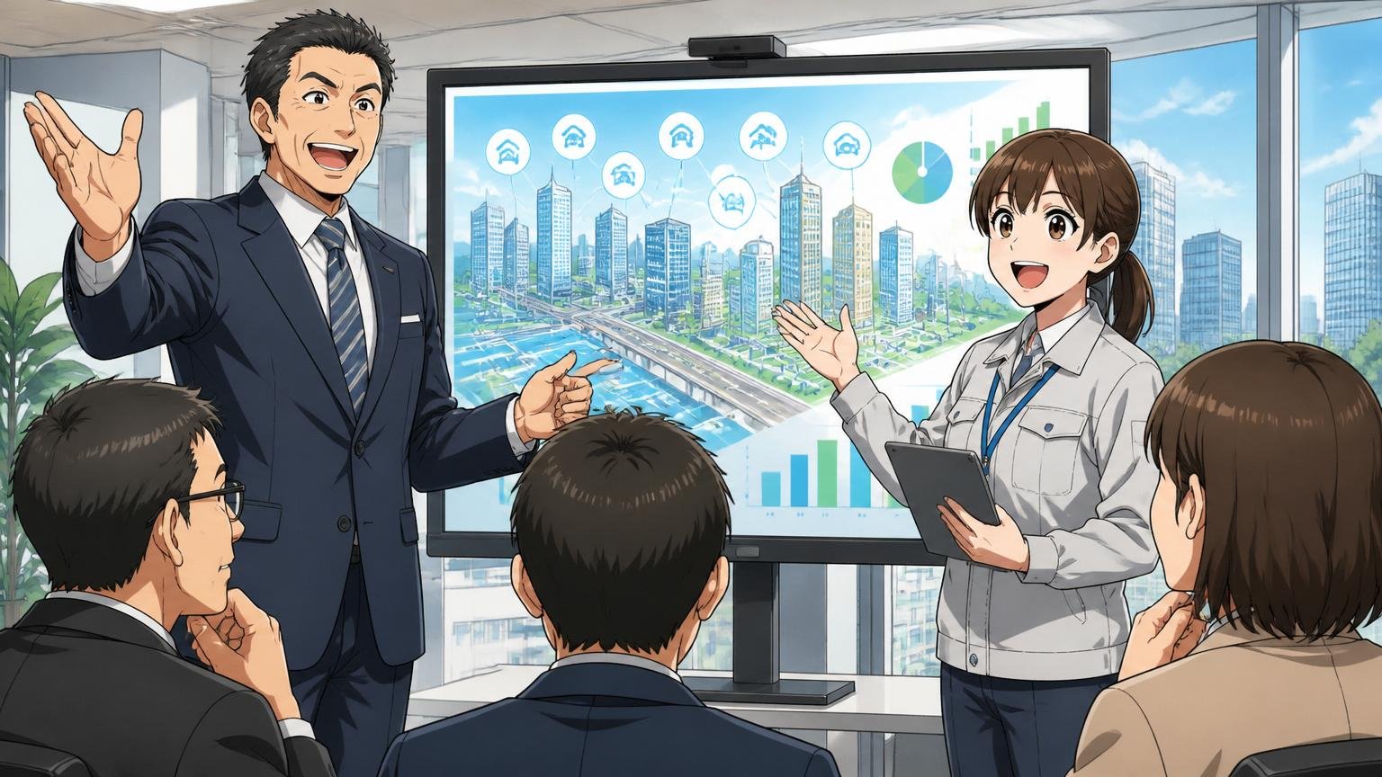 会社概要・事業内容/東証プライム上場企業の本社オフィスで男性経営層と女性エンジニアが事業説明をする