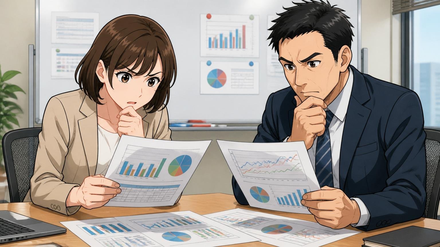 平均年収・残業・有給消化率の3指標、企業の会議室で資料を見比べる、30代女性と40代男性の2人、真剣な表情