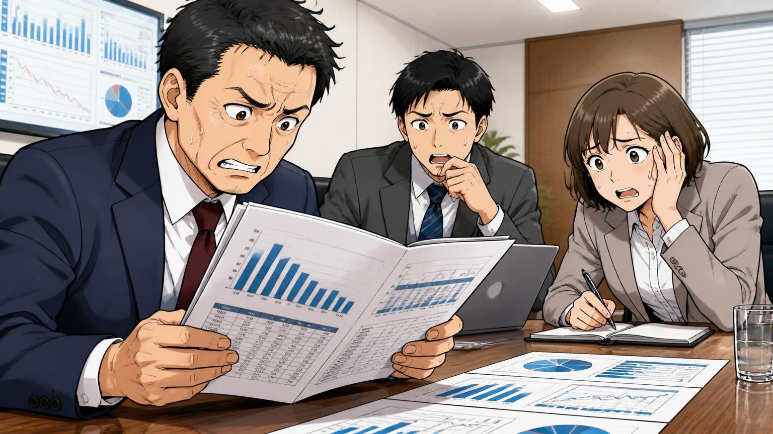 2025年9月期決算資料を見て表情が硬くなる、企業の会議室で投資家1人とアナリスト2人