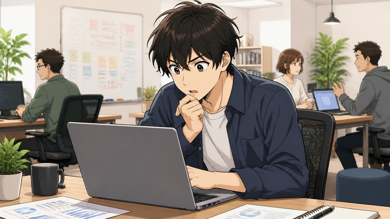 Techouseの会社概要(設立年・代表・所在地・資本金)。Web系スタートアップのオフィスで20代男性若手1人が、ノートPCで会社概要を熱心に読む表情