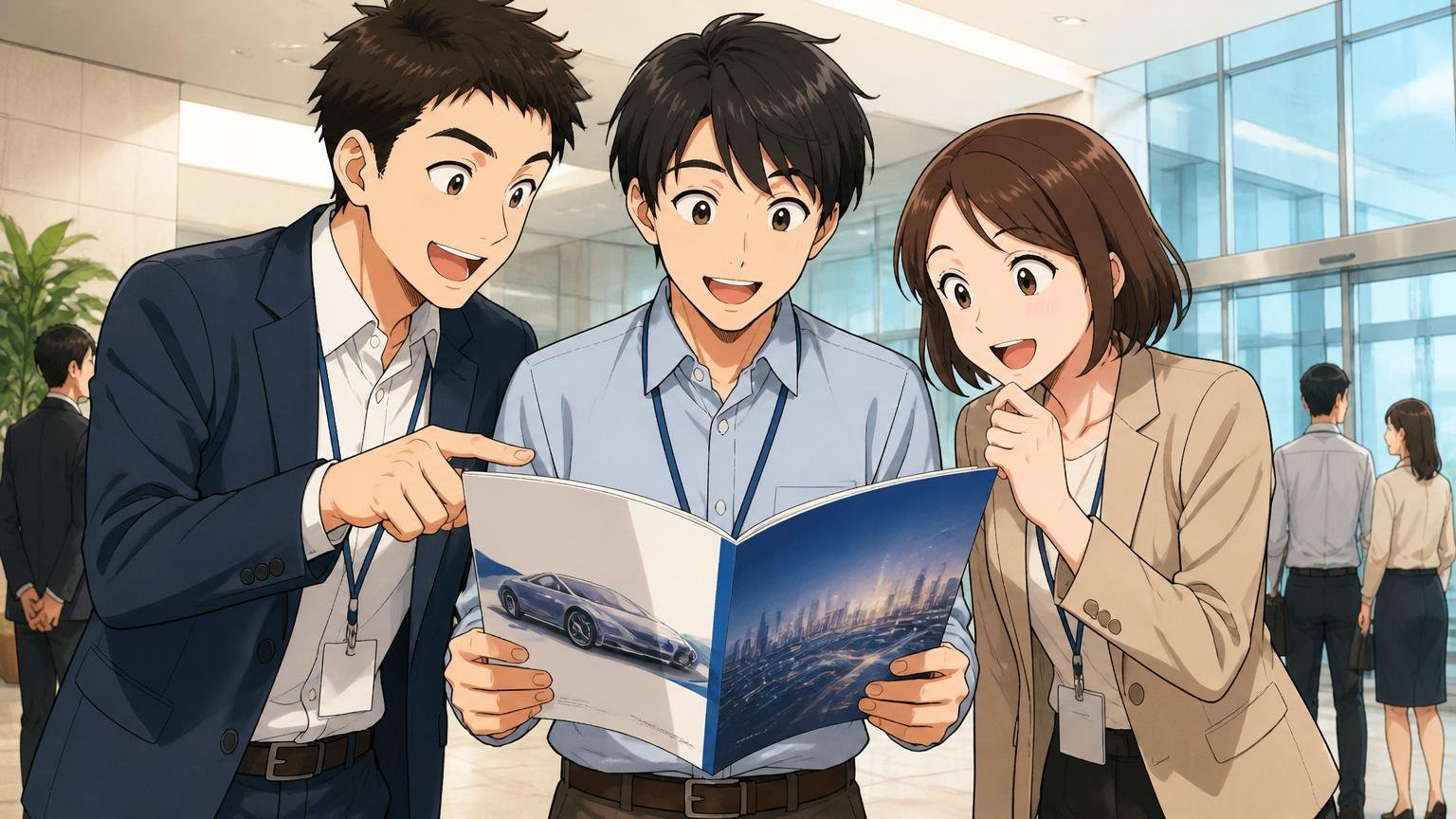 企業のエントランスでアイシン・ソフトウェアの会社案内資料を確認する20代から30代エンジニア3人