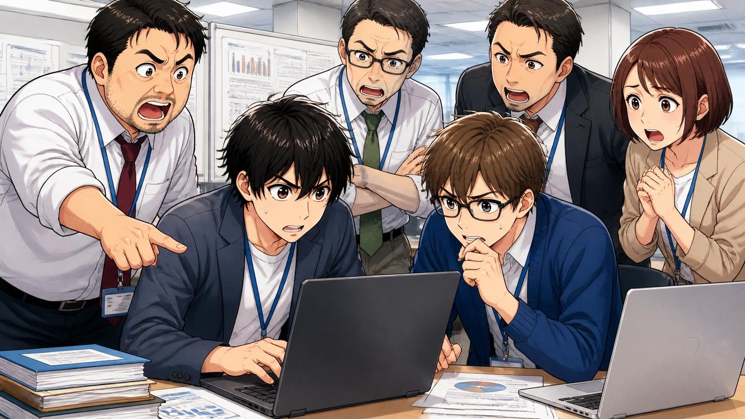 金融系企業の客先常駐現場で複数の客先メンバーに囲まれて作業するSIerエンジニア2名