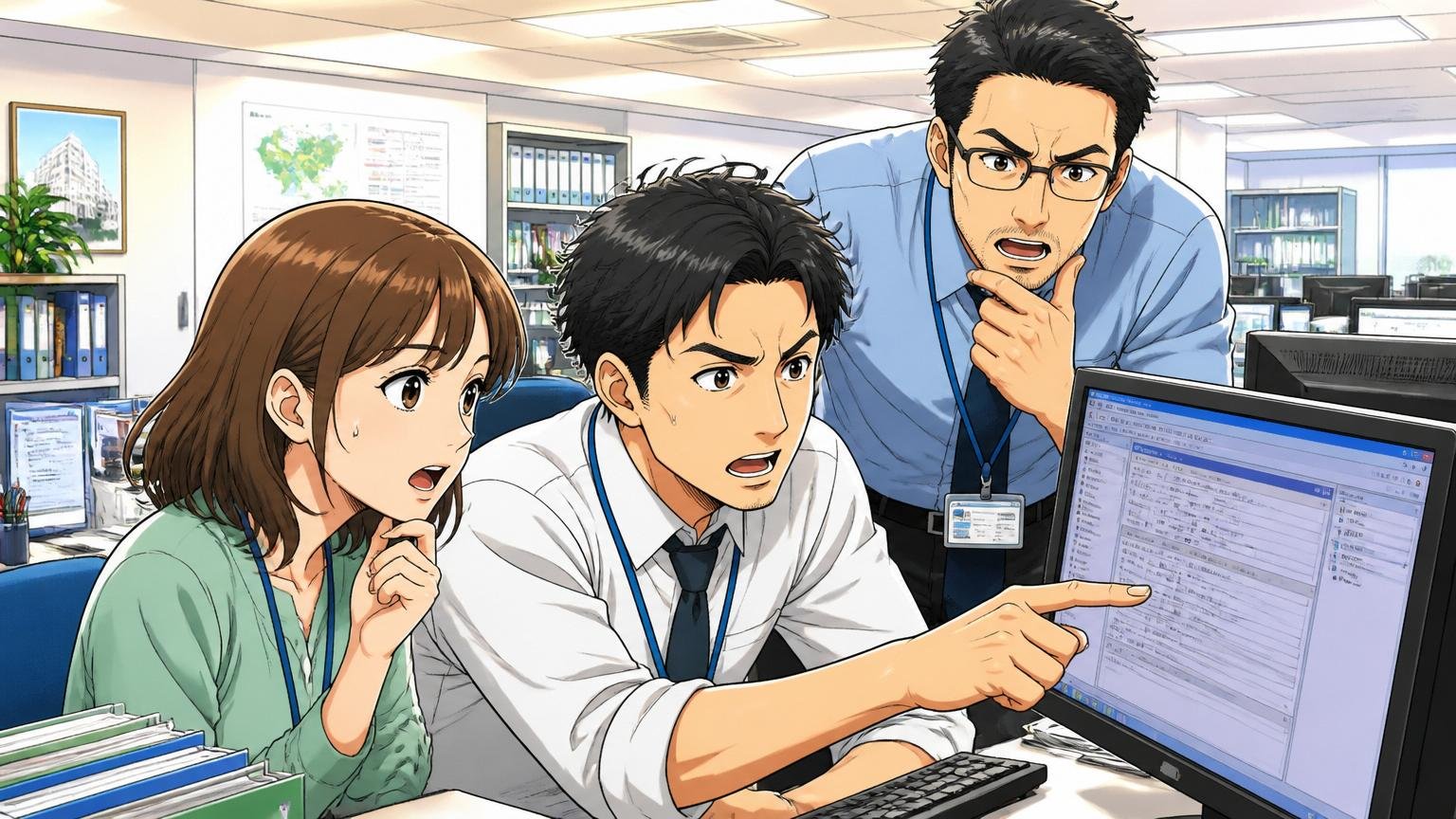 会計事務所と地方公共団体に強い特殊な会社で、SIerの開発現場のオフィスで30代男女2人と40代男性が業務システムの画面を真剣に確認している