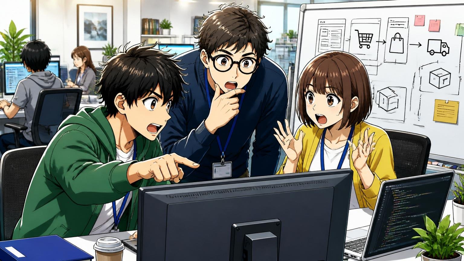 Web系SaaS企業のオフィスでECプラットフォーム開発に取り組むエンジニア3人がモニターを囲んで議論する場面