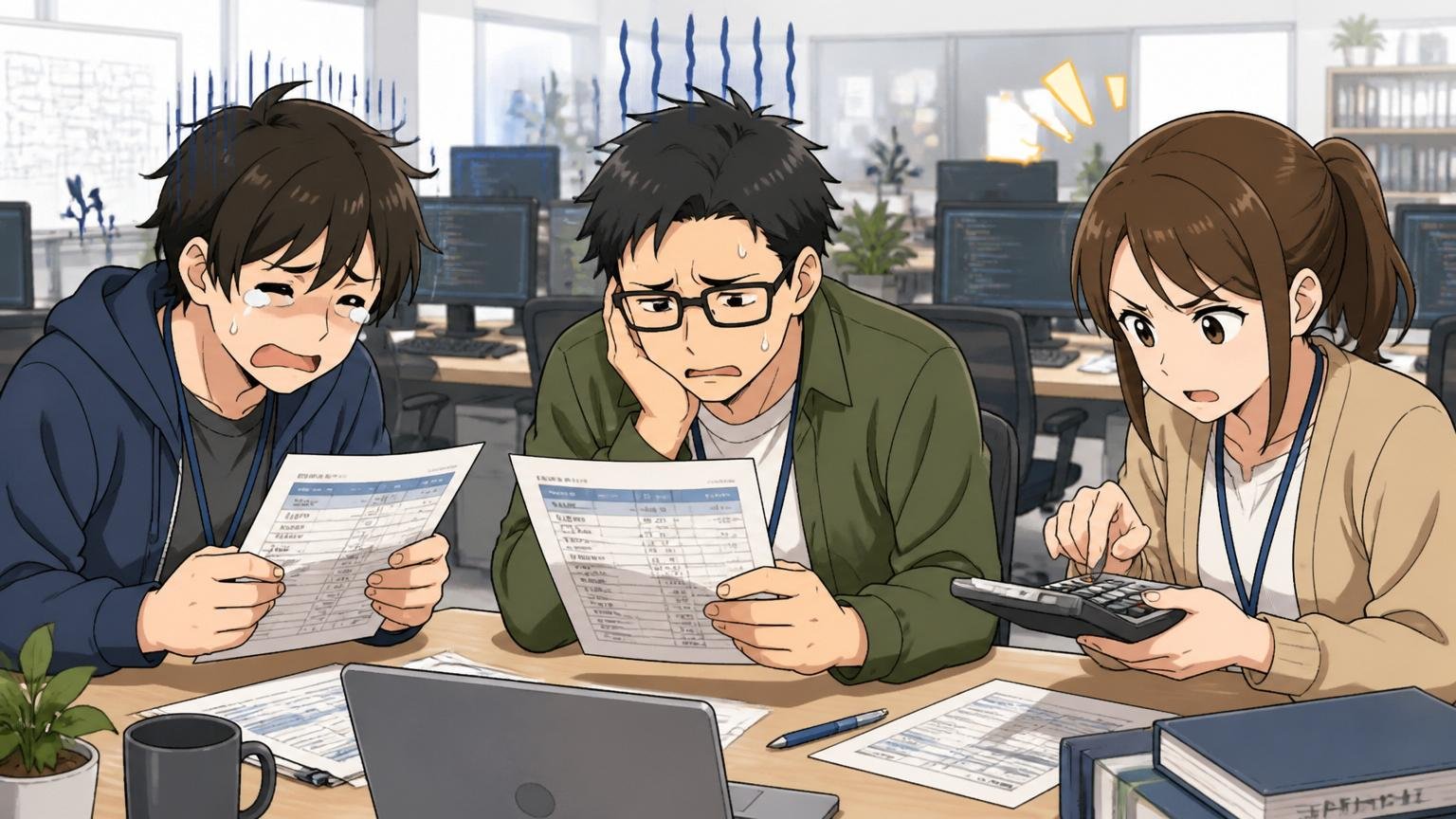 IT企業のオフィスでデスクの給与明細を見ながら肩を落とす男性エンジニア2人と隣で電卓を叩く女性エンジニア