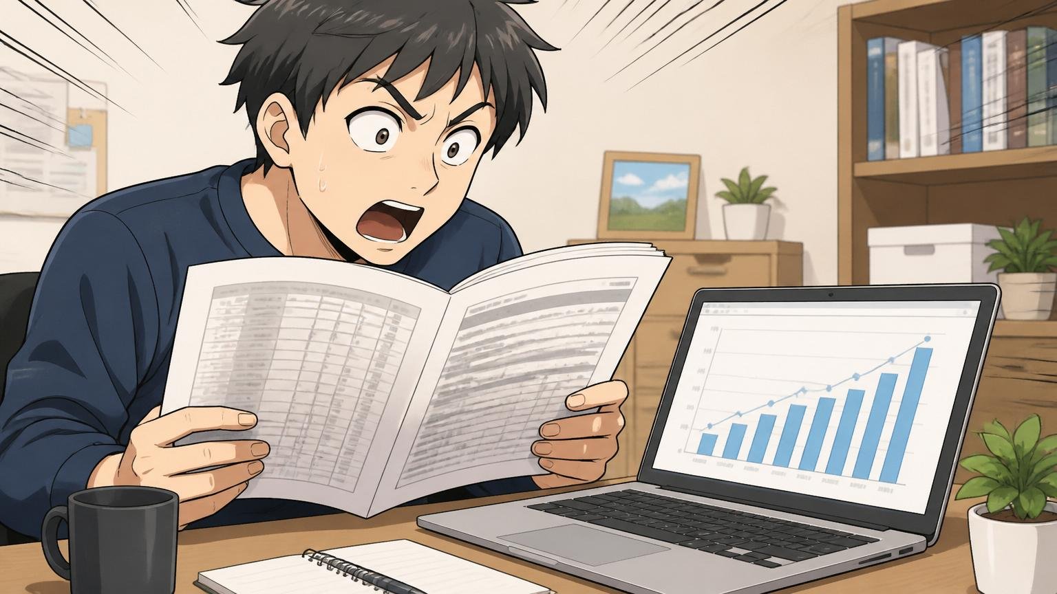 有価証券報告書を読み込むエンジニア、自宅のデスクで在宅勤務、男性1人、ノートPCに年収推移グラフを表示し驚いた表情