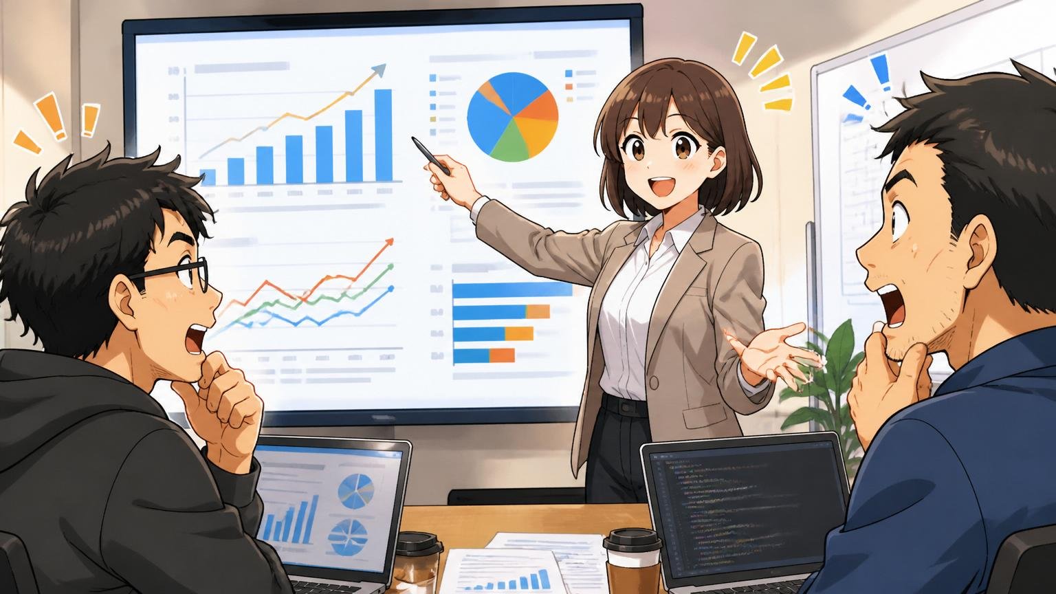 会議室で30代女性アナリストが業績スライドを2人のエンジニアに説明している