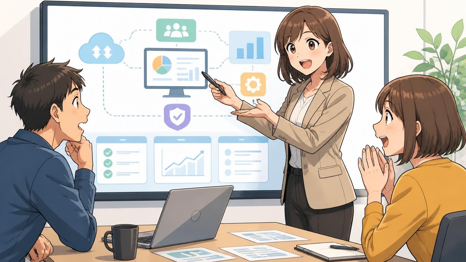 事業内容とサービスラインナップ、BtoB SaaS企業のオフィス会議室で30代女性マネージャーが20代の若手2人にサービス図解で説明する場面