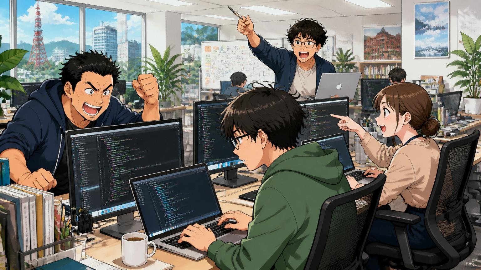 札幌発の中堅IT企業としてのポジション。札幌中心部のITベンチャーのオープンフロアで真剣にコードに向かう複数のエンジニアたちが活気ある雰囲気で働く様子