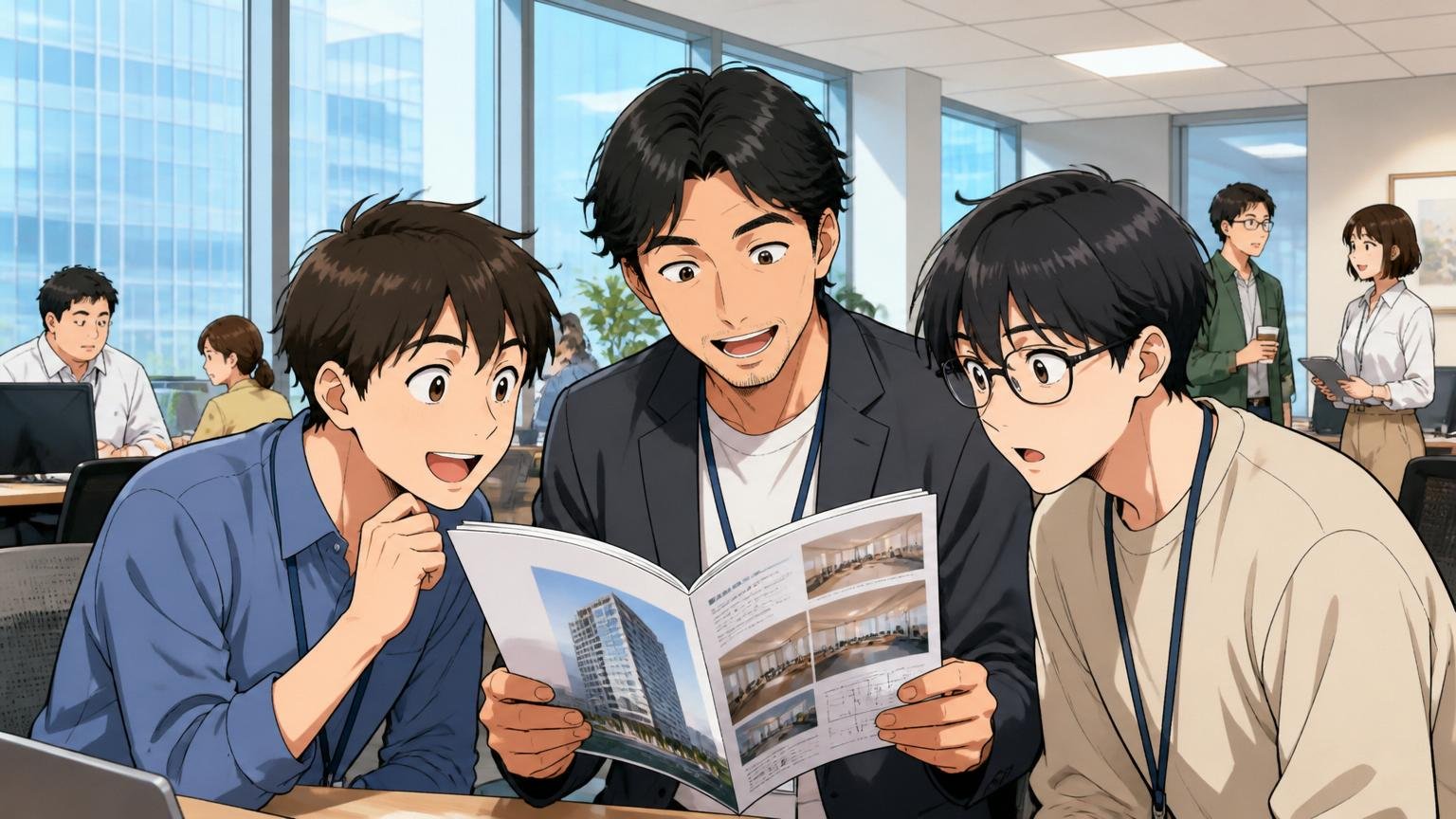東京オペラシティビルのオフィスフロアで会社案内パンフレットを開く中堅エンジニアと若手エンジニア2人