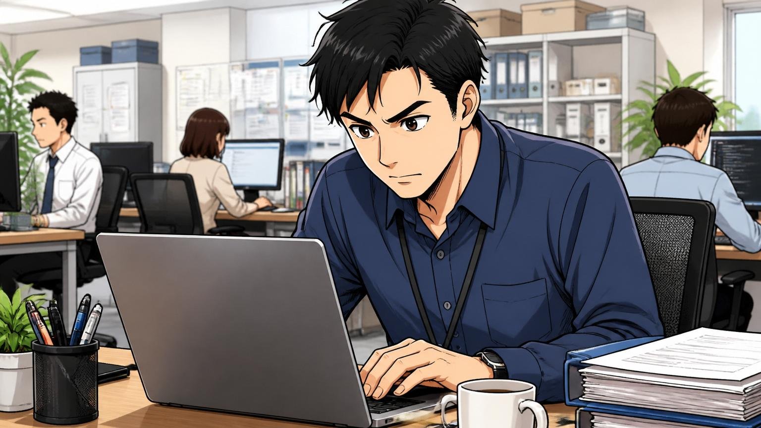 企業のオフィスで30代男性エンジニア1人がノートPCで会社情報を確認する真剣な表情