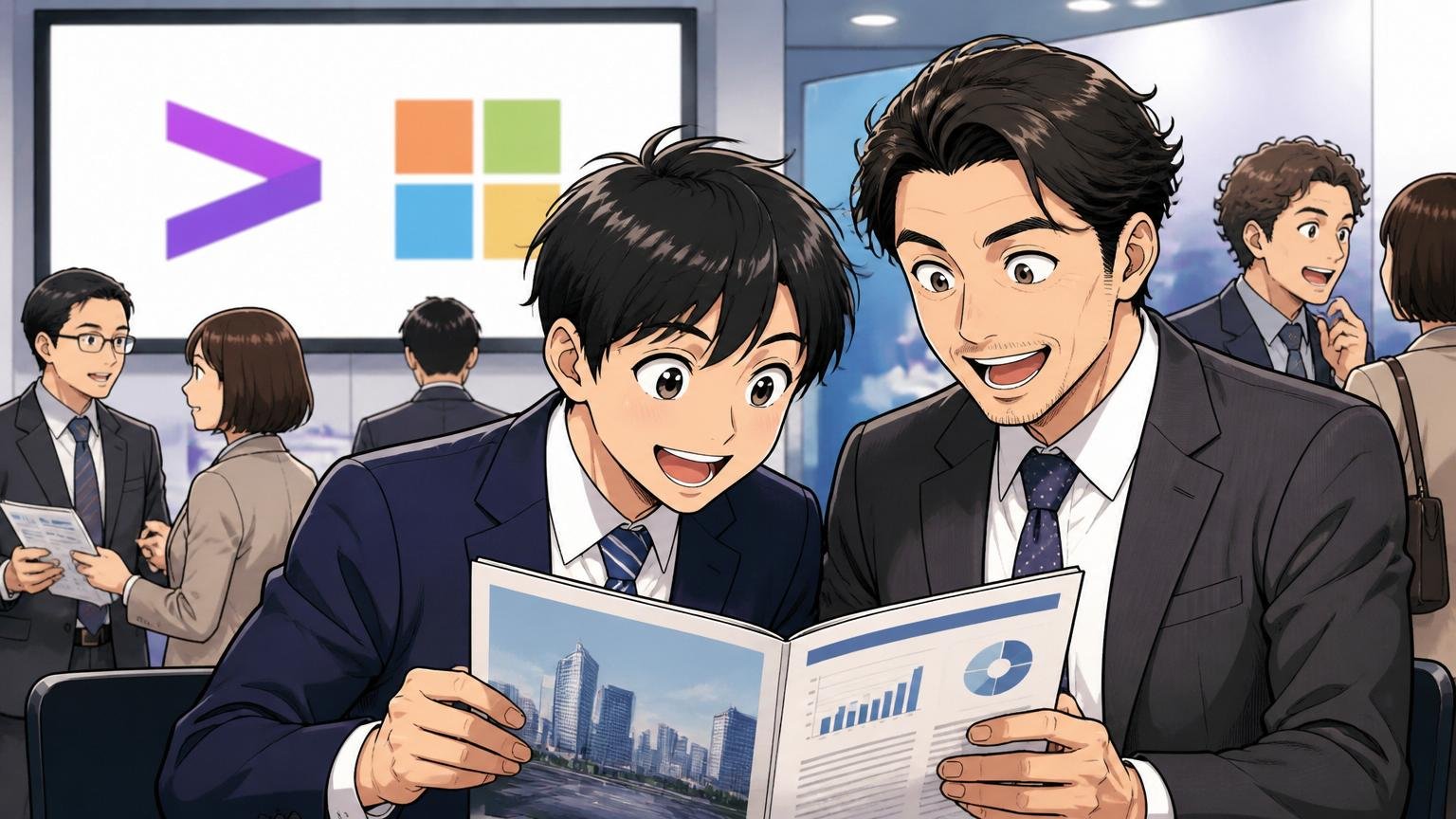 アクセンチュアとMicrosoftのロゴが並ぶ外資系コンサルの企業説明会場で、若手と中堅の社員2人が興味深そうに資料に見入る表情