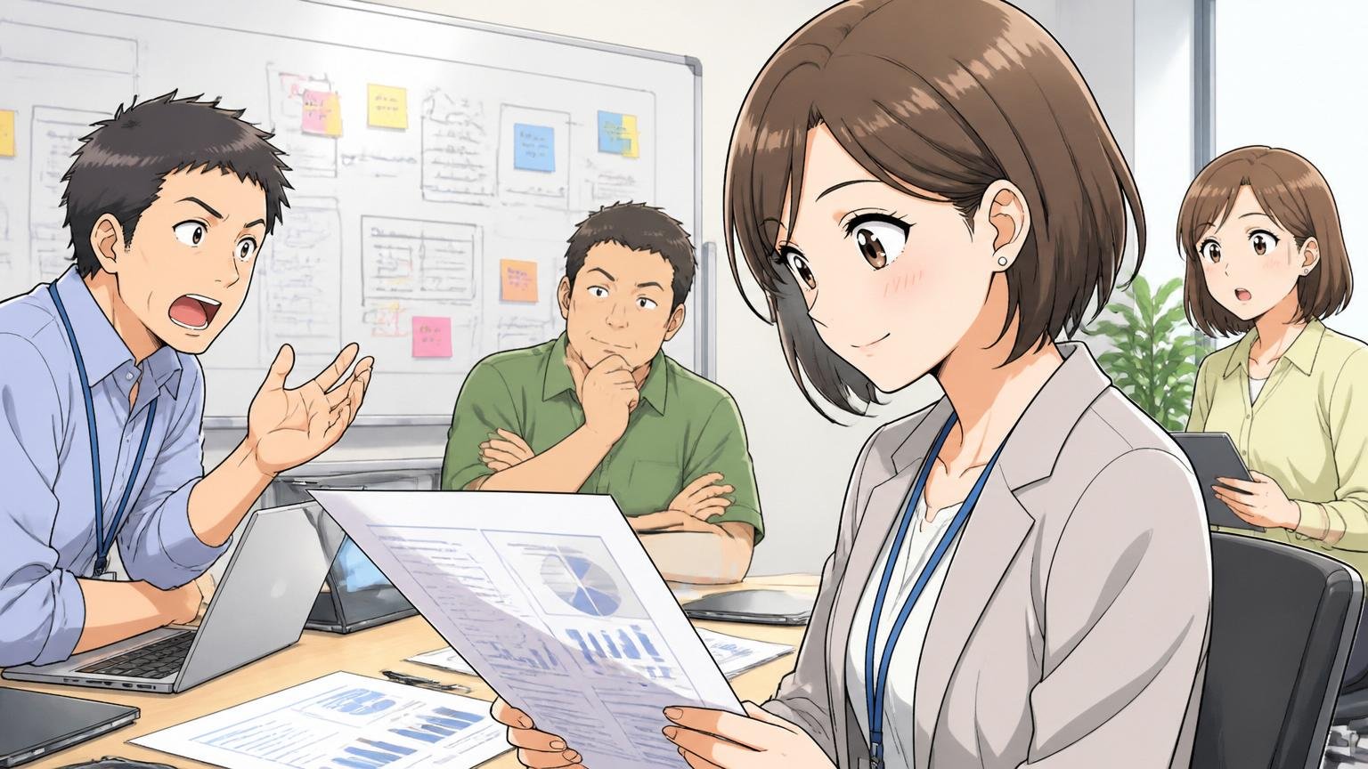 公式の会社プロフィール一次情報ベース|オフィスの会議室で資料を真剣に確認する30代前半女性エンジニア、納得した穏やかな表情
