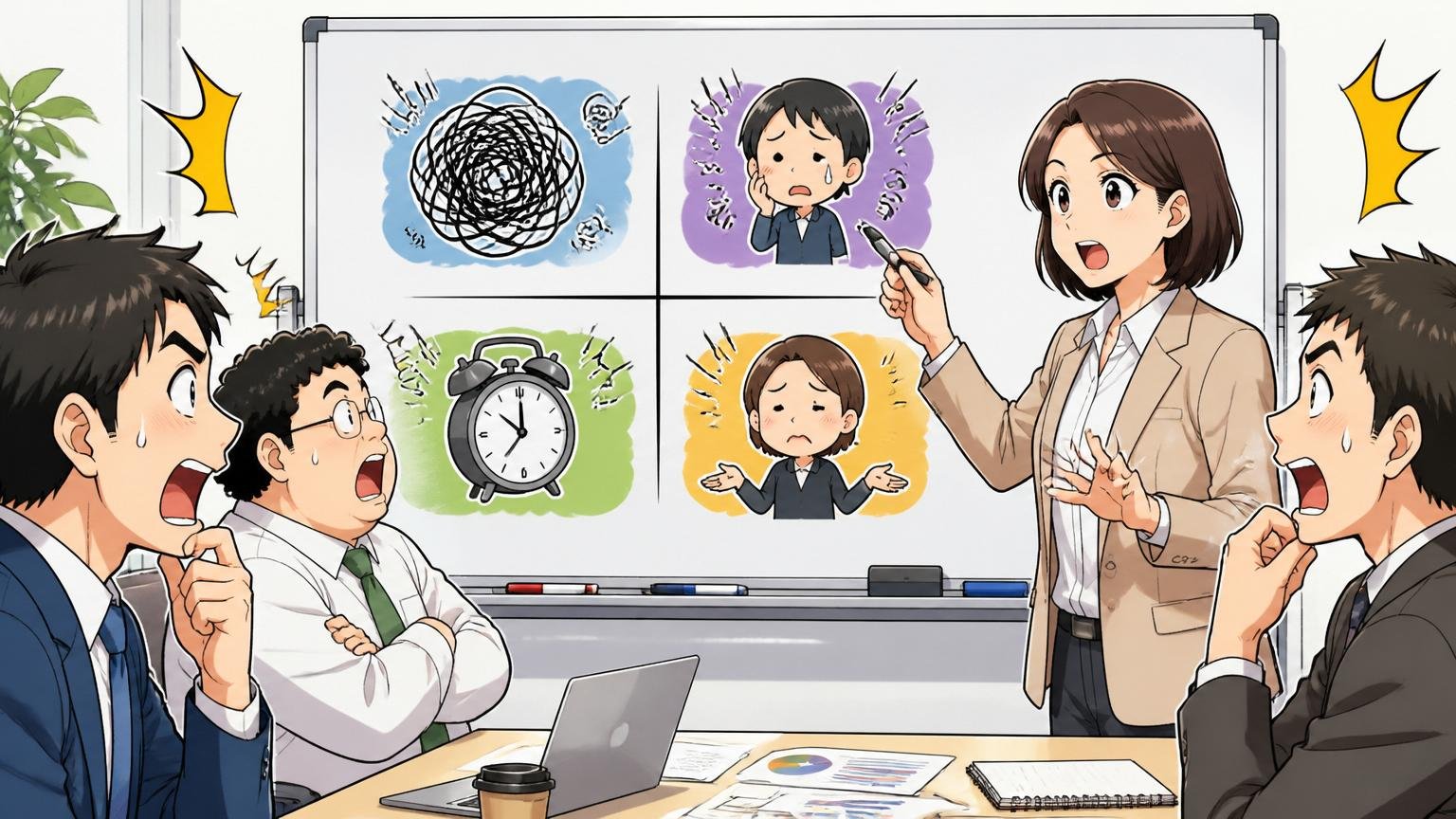やばいと言われる4つの正体を整理する。会議室のホワイトボードに30代女性が4分類を書き出す
