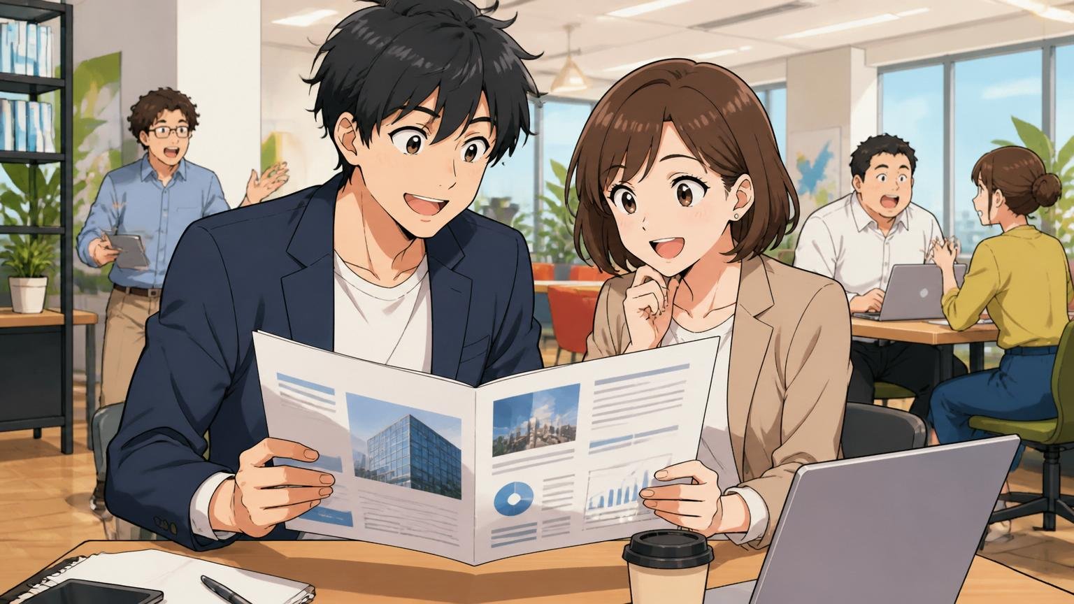 会社概要・Web系企業の南青山オフィスで30代男女2人が会社案内資料を確認している