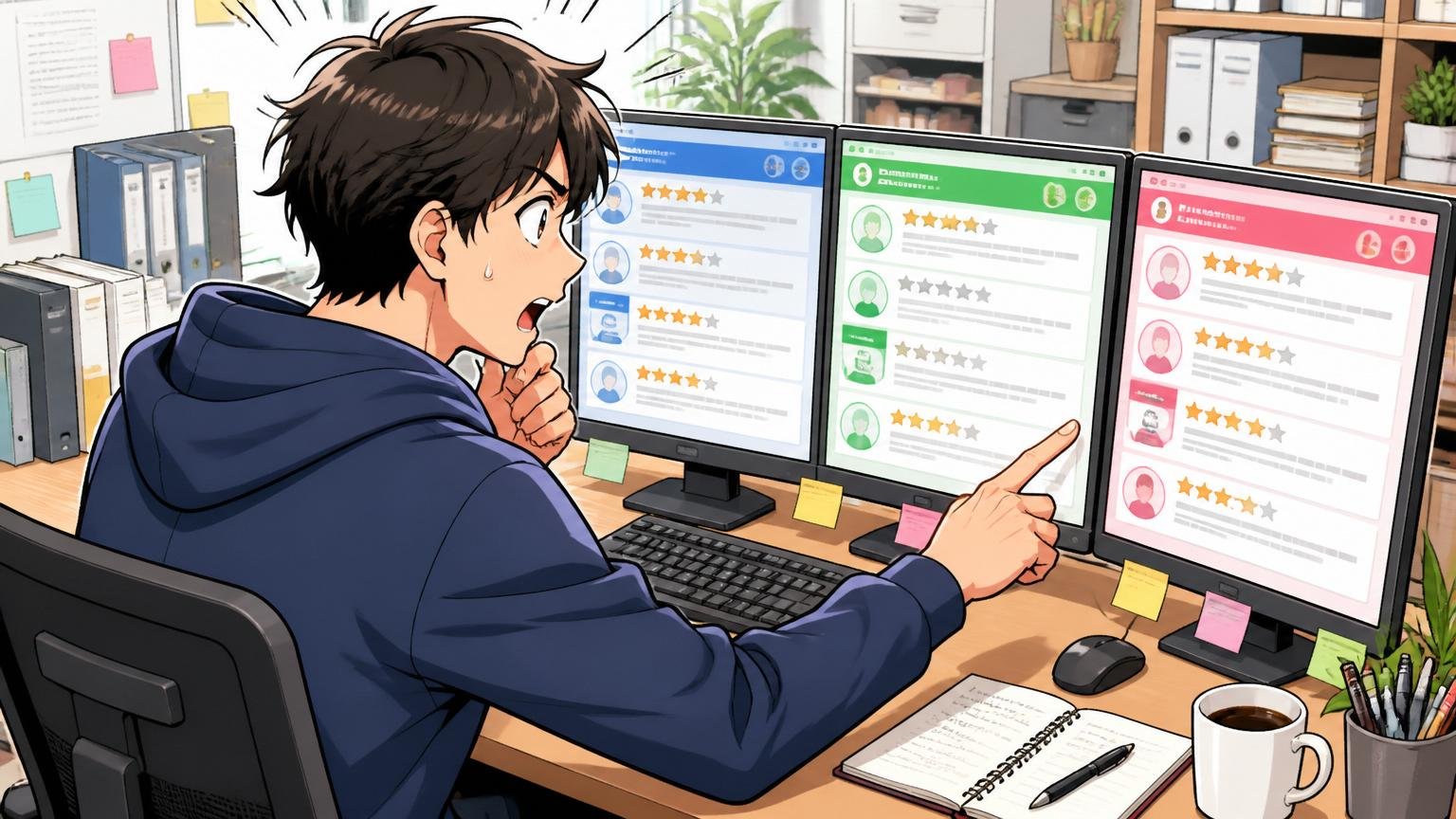 オフィスのデスクで20代エンジニアがPC画面に3つの口コミサイトを開いて比較している