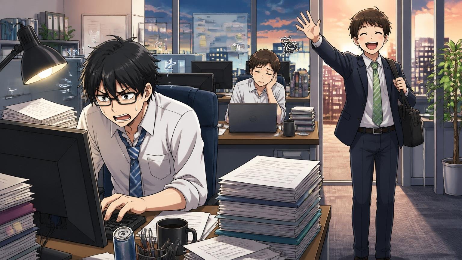 IT企業のオフィスで残業する社員と定時で帰る社員が混在する夕方の風景、3人、対照的な様子