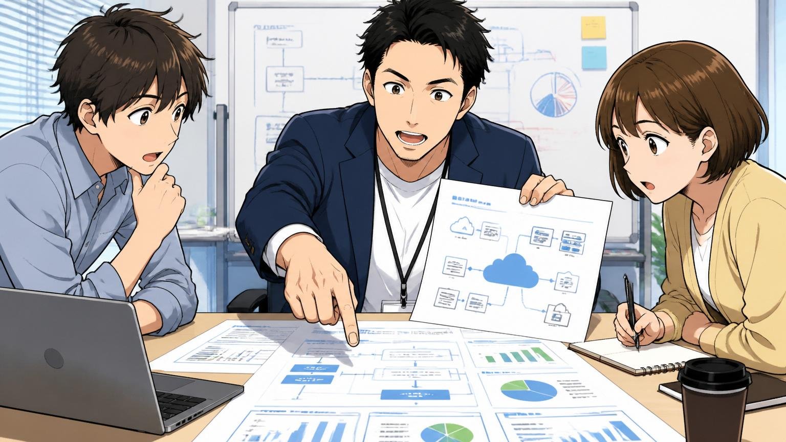 会社概要を確認、IT企業の会議室で資料を広げ事業内容を指さし説明する30代男性社員と若手2人