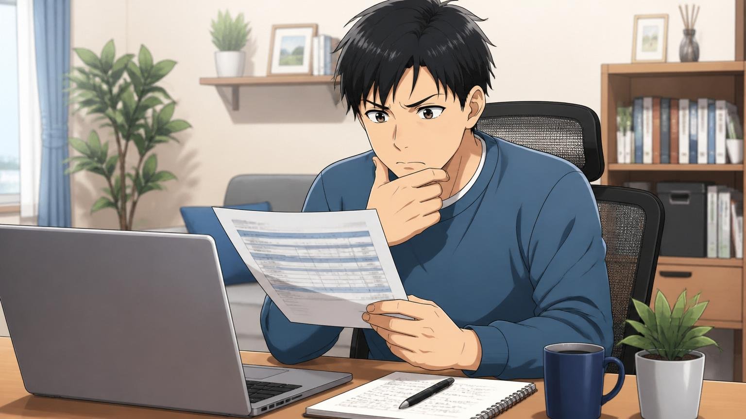平均年収486万円をどう読むか、自宅のデスクで在宅勤務中の男性1人が給与明細とノートPCを見比べる、考え込む表情