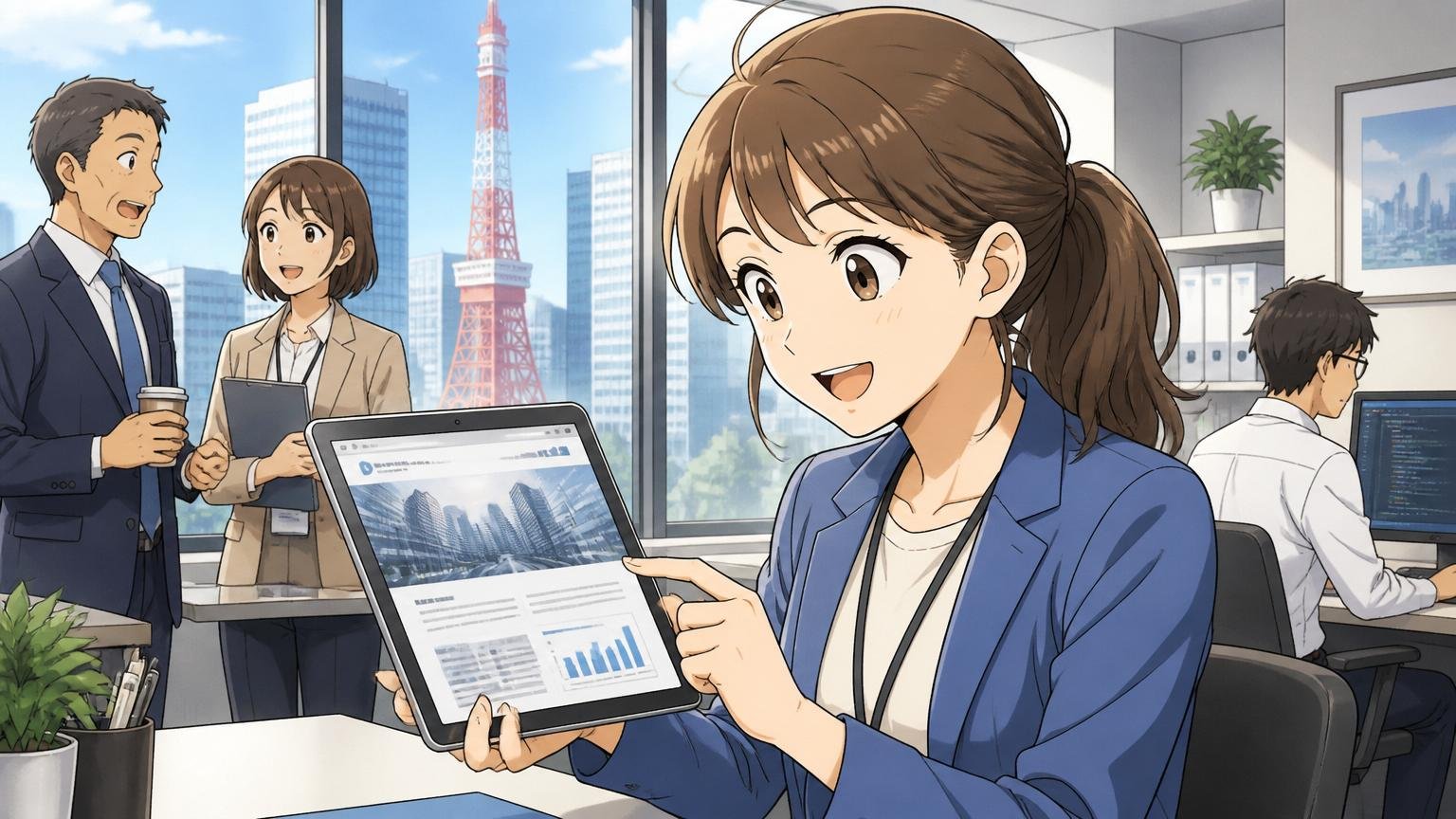会社概要を確認、東京港区のオフィスビルでタブレットの会社情報を見る30代女性エンジニア