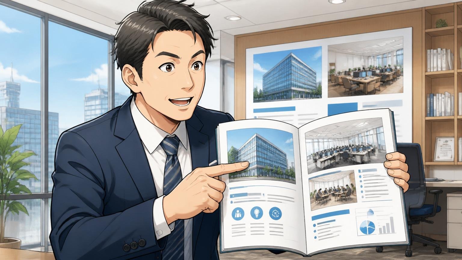 アビームシステムズの会社概要を確認するシーン 名古屋本社のIT企業オフィス 経営者風の男性1人が資料を手に説明