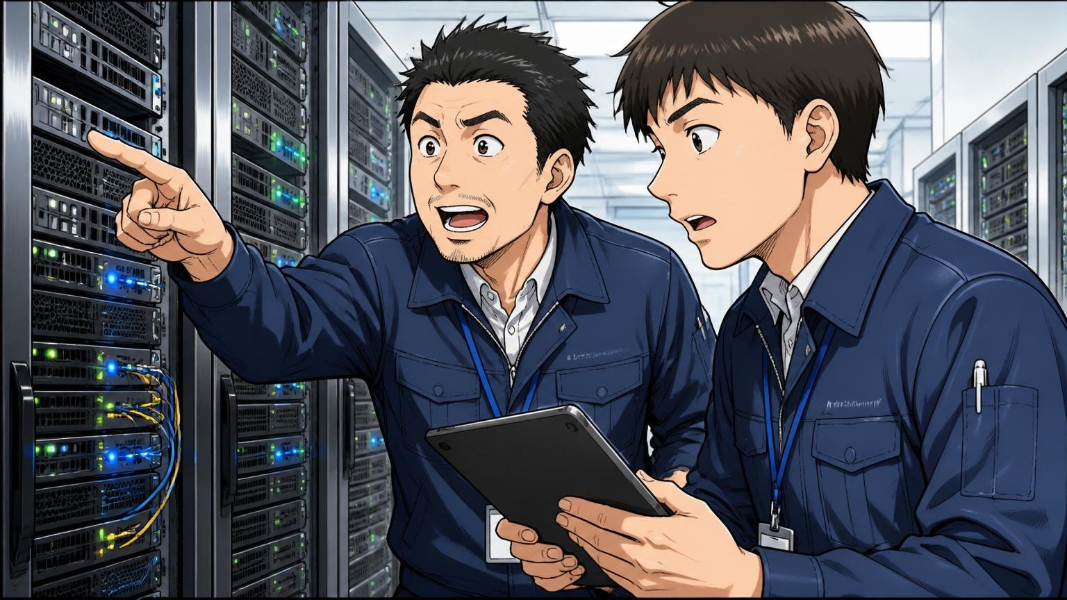 ハードウェア専業会社の説明。データセンターのサーバールームで保守エンジニアの男性2人が機器を点検し説明し合う