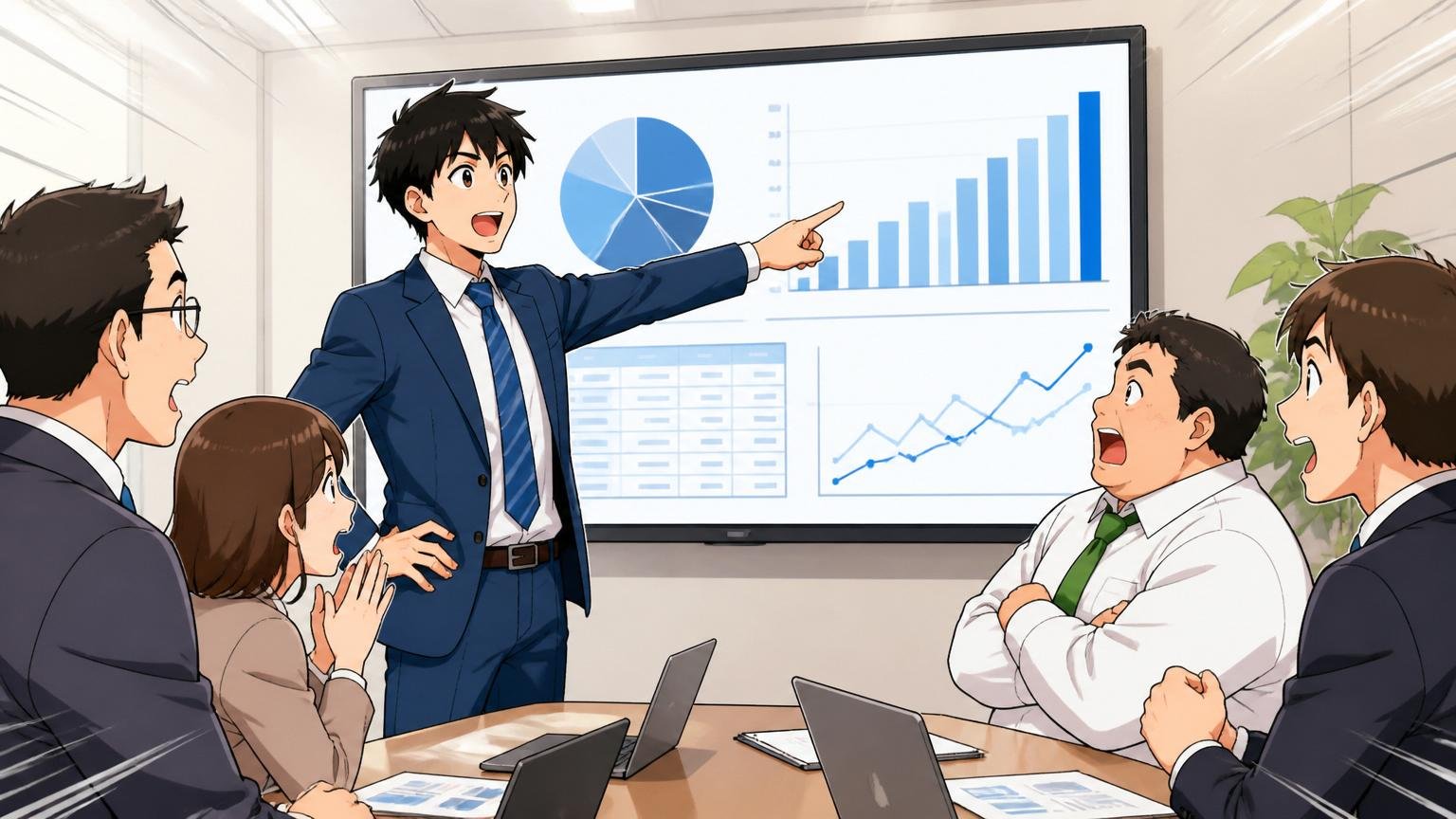 会社の基本データを確認する場面|企業の会議室でモニターの数字を指さす男性社員1人