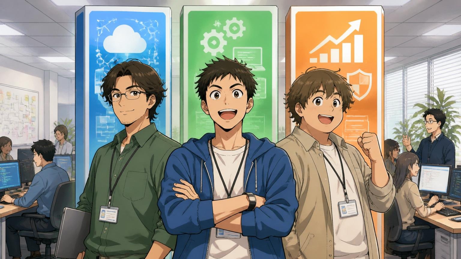 3つの事業の柱を表すボードの前に立つITエンジニア3人。システム開発会社のオフィスで自信ありげな様子